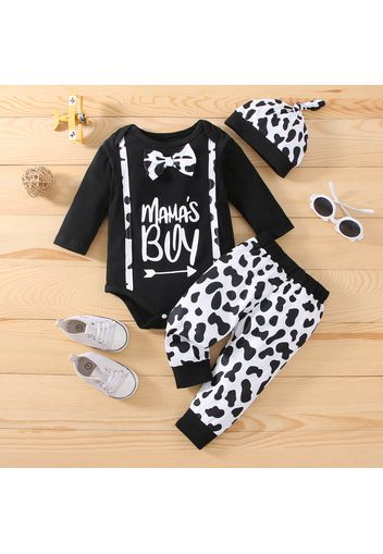 3pcs Baby Boy Letter Print 100% Cotton Long-sleeve Bow Tie Romper and Cow Print Pants with Hat Set