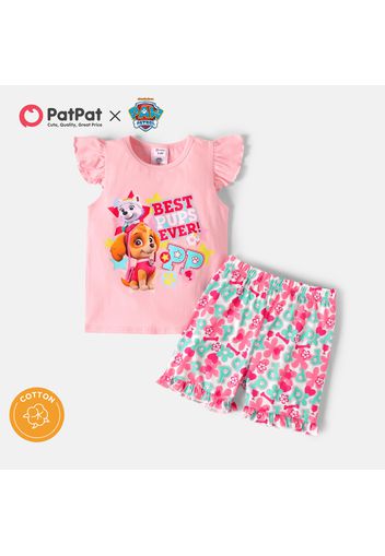 PAW Patrol 2pcs Toddler Girl Letter Print Flutter-sleeve Pink Cotton Tee and Floral Print Ruffled Shorts Set