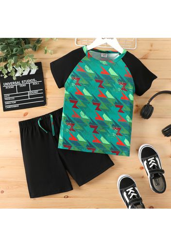 2pcs Kid Boy Geo Print Short-sleeve Raglan Sleeve Tee and Black Shorts Set