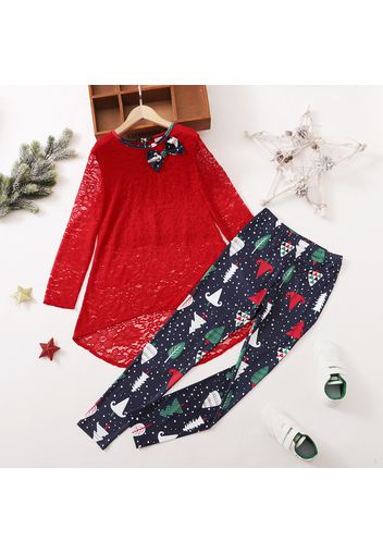 2-piece Kid Girl Christmas Lace Bowknot Design High Low Long-sleeve Red Top and Tree Polka dots Print Leggings Set