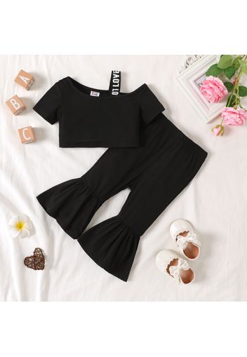 2pcs Baby Girl One Shoulder Strap Short-sleeve Crop Top and Bell Bottom Pants Set