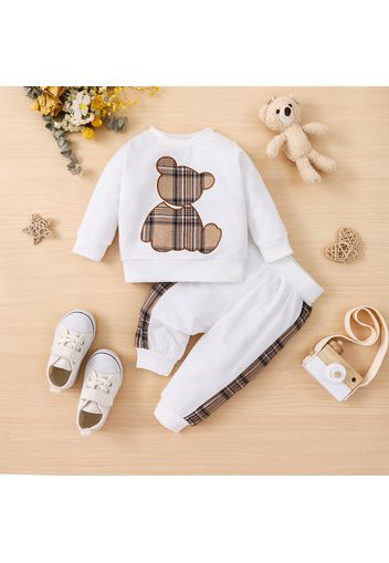 2pcs Baby Boy/Girl Long-sleeve Plaid Print Bear Embroidered Sweatshirt and Sweatpants Set