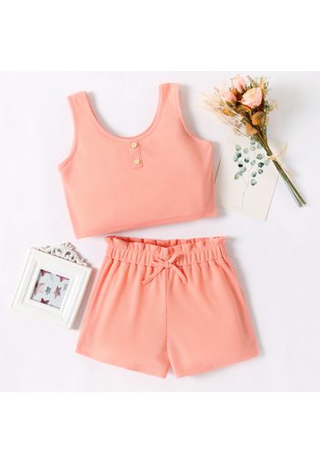 2pcs Kid Girl Solid Color Button Design Waffle Tank Top and Bowknot Design Paperbag Shorts Set