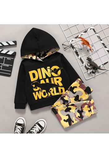 2-piece Toddler Boy Letter Dinosaur Print Black Hoodie Sweatshirt and Camouflage Print Pants Set