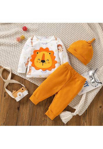 3pcs Baby Boy Cartoon Animal Pattern Long-sleeve Top and Solid Waffle Trousers Set