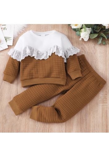 2-piece Toddler Girl Lace Design Colorblock Textured Sweatshirt and Solid Color Pants Set