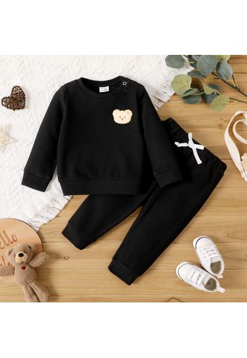 2pcs Baby Boy Cartoon Bear Detail Solid Textured Long-sleeve Pullover Sweatshirt and Sweatpants Set