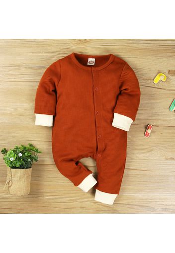 Solid Splice Waffle Long-sleeve Baby Jumpsuit