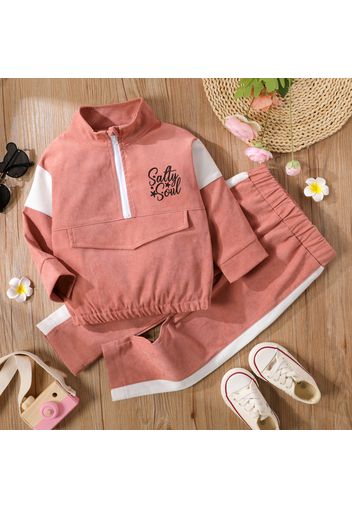 2-piece Toddler Girl Letter Print Zipper Stand Collar Colorblock Sweatshirt and Pants Set