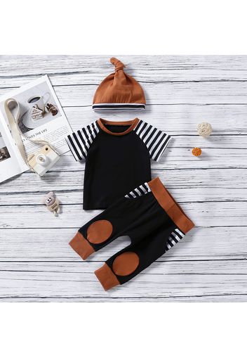 3pcs Baby Boy Black Striped Splicing Short-sleeve T-shirt and Trousers Set