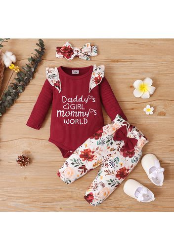 3pcs Baby Girl Letter Embroidered Red Ribbed Long-sleeve Romper and Floral Print Trousers Set