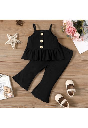 2pcs Baby Girl Solid Spaghetti Strap Peplum Top and Flared Pants Set