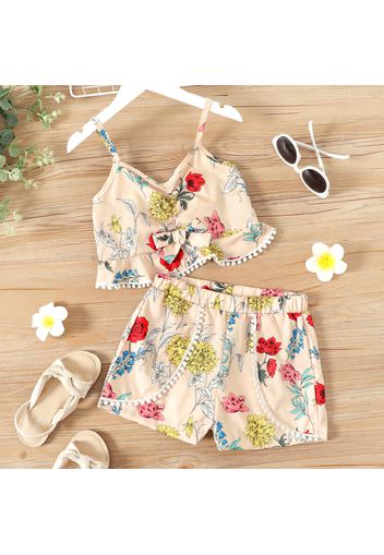 2-piece Kid Girl Floral Print Lace Design Camisole and Elasticized Shorts Set