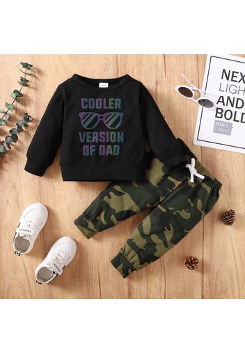 2pcs Baby Boy 95% Cotton Long-sleeve Colorful Letter & Sunglasses Print Sweatshirt and Camouflage Pants Set