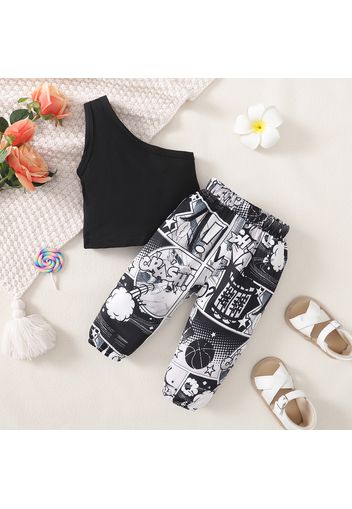 2pcs Baby Girl Solid One Shoulder Sleeveless Tank Crop Top and Comics Letter Print Pants Set