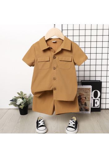 2pcs Toddler Boy Lapel Collar Button Design Short-sleeve Khaki Shirt and Shorts Set