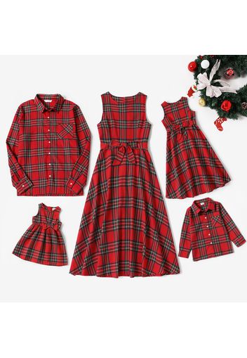 Christmas Red Plaid Sleeveless Bowknot Midi Dresses and Long-sleeve Shirts Sets