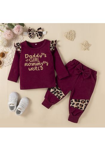 3pcs Baby Girl Letter Print Leopard Splice Long-sleeve T-shirt and Trousers Set