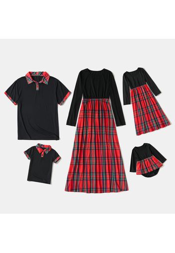 Red and Black Plaid Series Family Matching Sets(Long Sleeve Splice Print Dress and Polo Short Sleeve Shirt)