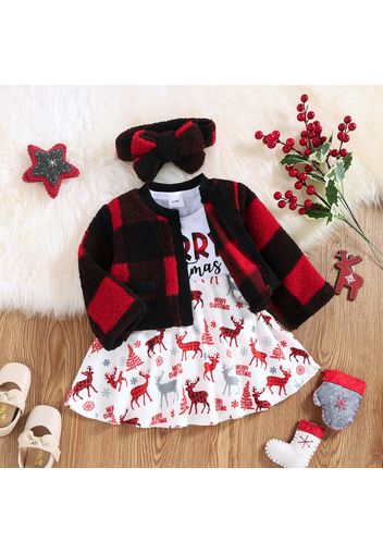 Christmas 3pcs Baby Letter and Reindeer Print Long-sleeve Dress and Fleece Plaid Outwear Set