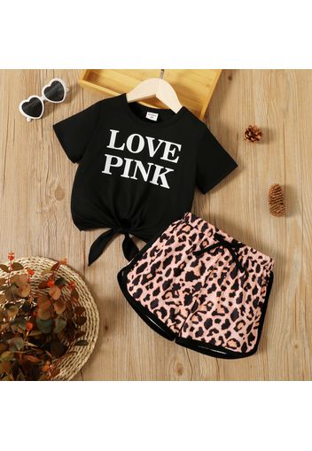 2pcs Toddler Girl Letter Print Tie Knot Short-sleeve Tee and Leopard Print Bowknot Design Shorts Set