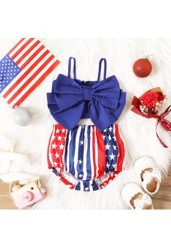 Independence Day 2pcs Baby Girl 100% Cotton Red Bowknot Camisole and All Over Print Shorts Set