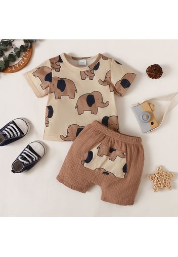 2pcs Baby Boy Allover Cartoon Elephant Print Short-sleeve Tee and Crepe Shorts Set