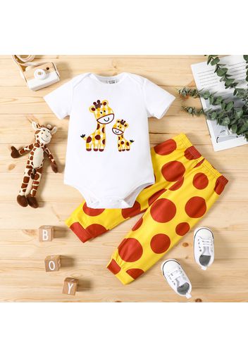 2pcs Baby Boy/Girl Cartoon Giraffe Embroidered Short-sleeve Romper and Polka Dots Pants Set