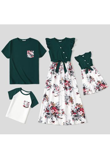 Family Matching Floral Print Splicing Dark Green Flutter-sleeve Dresses and Short-sleeve T-shirts Sets