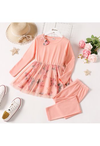 2-piece Kid Girl Bowknot Design Floral Print Mesh Long-sleeve Pink Top and Elasticized Pants Set