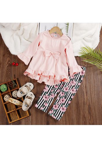 2-piece Toddler Girl Ruffled Bowknot Design Long-sleeve Tee and Floral Print Striped Pants Set