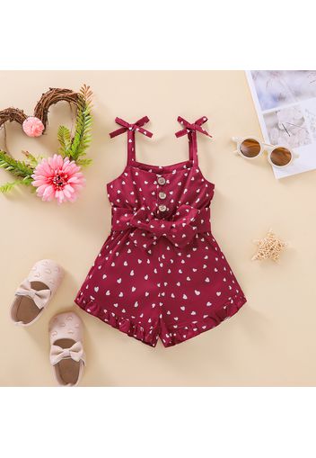 Baby Girl All Over Love Heart Print Button Up Sleeveless Spaghetti Strap Belted Romper