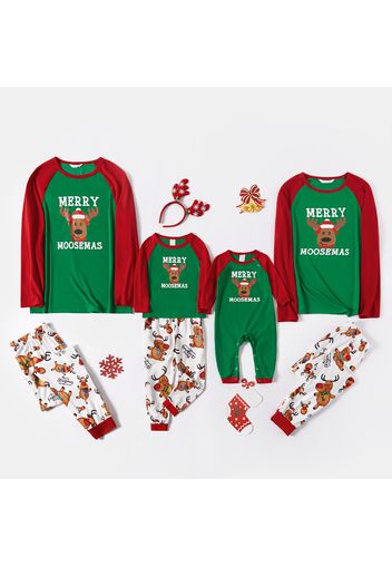 Christmas Cartoon Moose and Letter Print Family Matching Raglan Long-sleeve Pajamas Sets (Flame Resistant)