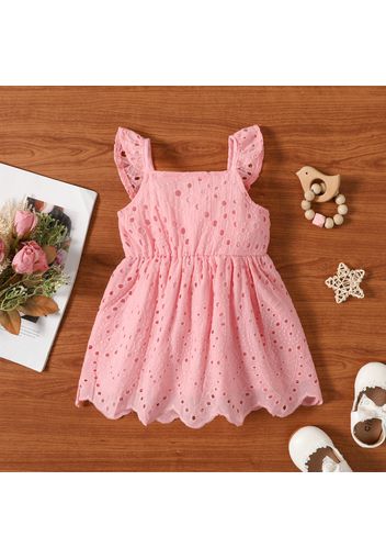 100% Cotton Baby Girl Solid Hollow Out Embroidered Ruffle Flutter-sleeve Dress