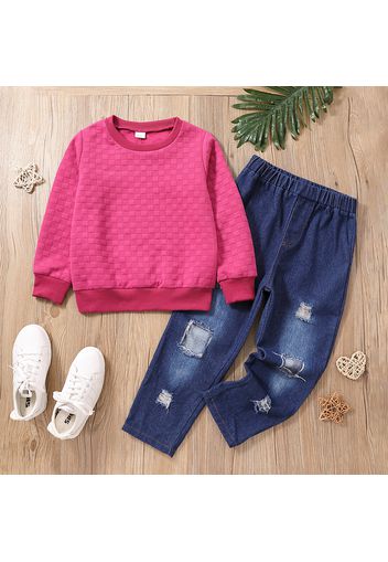 2pcs Kid Girl Textured Pink Sweatshirt and Ripped Denim Jeans Set