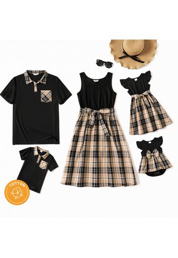 Family Matching Black Round Neck Sleeveless Splicing Plaid Dresses and Short-sleeve Polo Shirts Sets