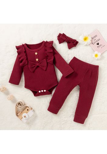 Baby 3pcs Cotton Solid Ribbed Long-sleeve Ruffle Bowknot Romper Set