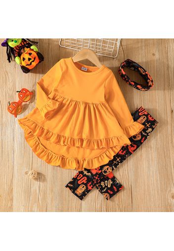 3pcs Toddler Girl Halloween Ruffled High Low Long-sleeve Tee & Allover Print Leggings and Scarf Set