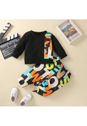 2pcs Baby Boy/Girl 95% Cotton Long-sleeve Letter Print Spliced Black Sweatshirt and Pants Set