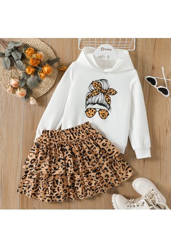 2pcs Kid Girl Cartoon Print White Hoodie Sweatshirt and Leopard Print Layered Skirt Set