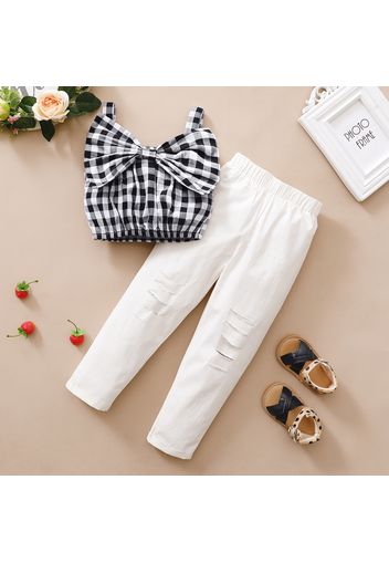 Trendy Toddler Girl Plaid Bowknot Tank And White Pants