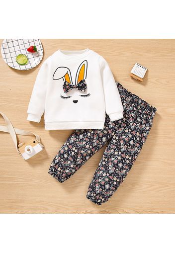 2-piece Toddler Girl Bowknot Design Rabbit Print Pullover Sweatshirt and Floral Print Paperbag Pants Set