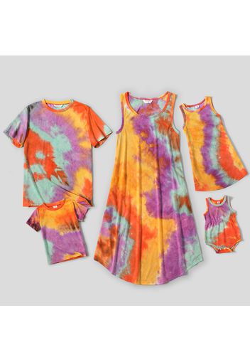 Family Matching Tie Dye Sleeveless Tank Dresses and Short-sleeve T-shirts Sets