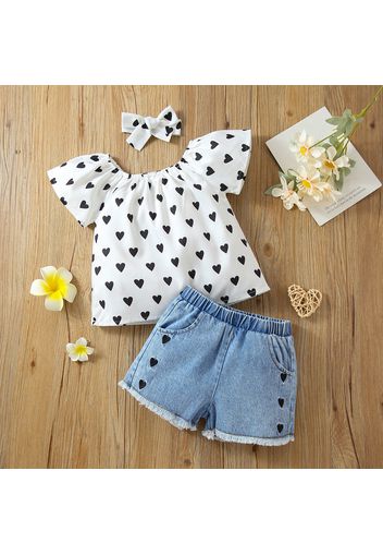 3pcs Toddler Girl Heart Print Short-sleeve Top and Denim Shorts & Headband Set