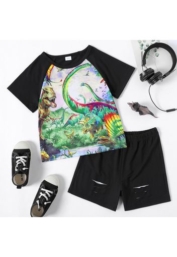 2-piece Kid Boy Animal Dinosaur Print Raglan Sleeve Tee and Ripped Shorts Set