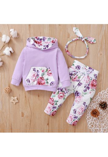 3pcs Floral Print Hooded Long-sleeve Baby Set