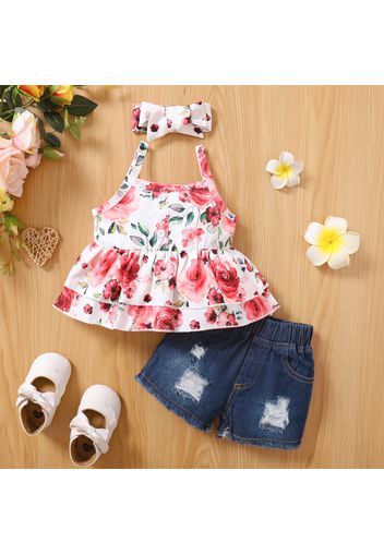 3pcs Baby Girl Floral Print Spaghetti Strap Layered Top and Ripped Denim Shorts with Headband Set