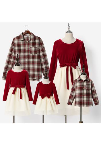 Christmas Family Matching Red Velvet Long-sleeve Splicing Mesh Dresses and Shirts Sets