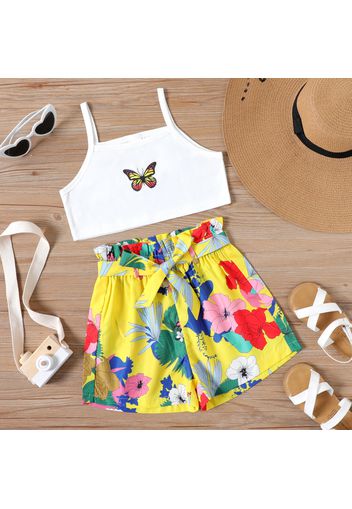 2-piece Kid Girl Butterfly Print Camisole and Belted Floral Print Shorts Set