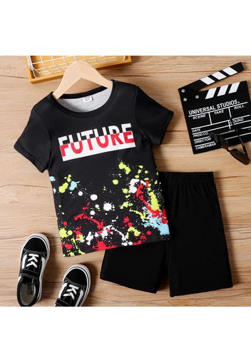 2pcs Kid Boy Letter Painting Print Short-sleeve Tee and Black Shorts Set